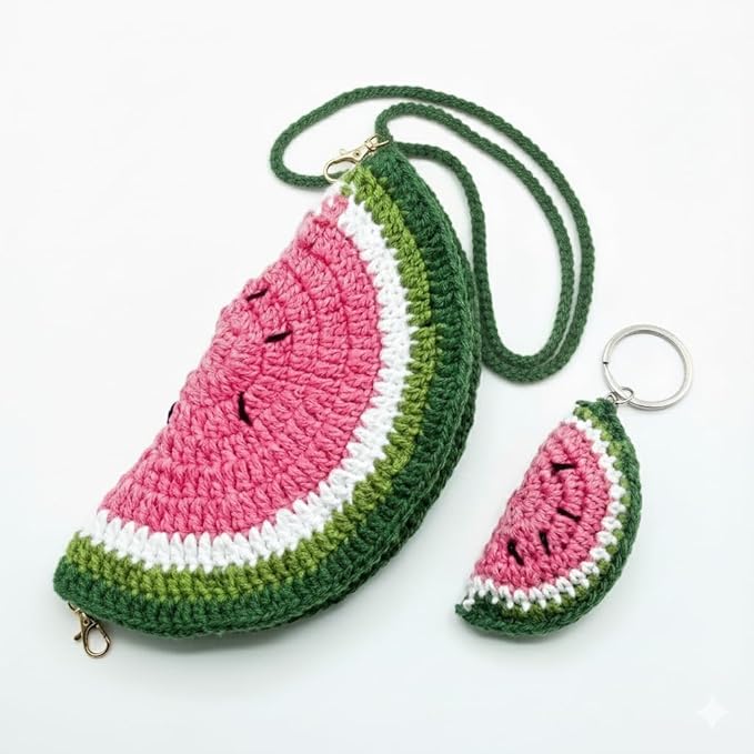 Handmade Crochet Watermelon Sunglass Holder Pouch with Matching Keychain